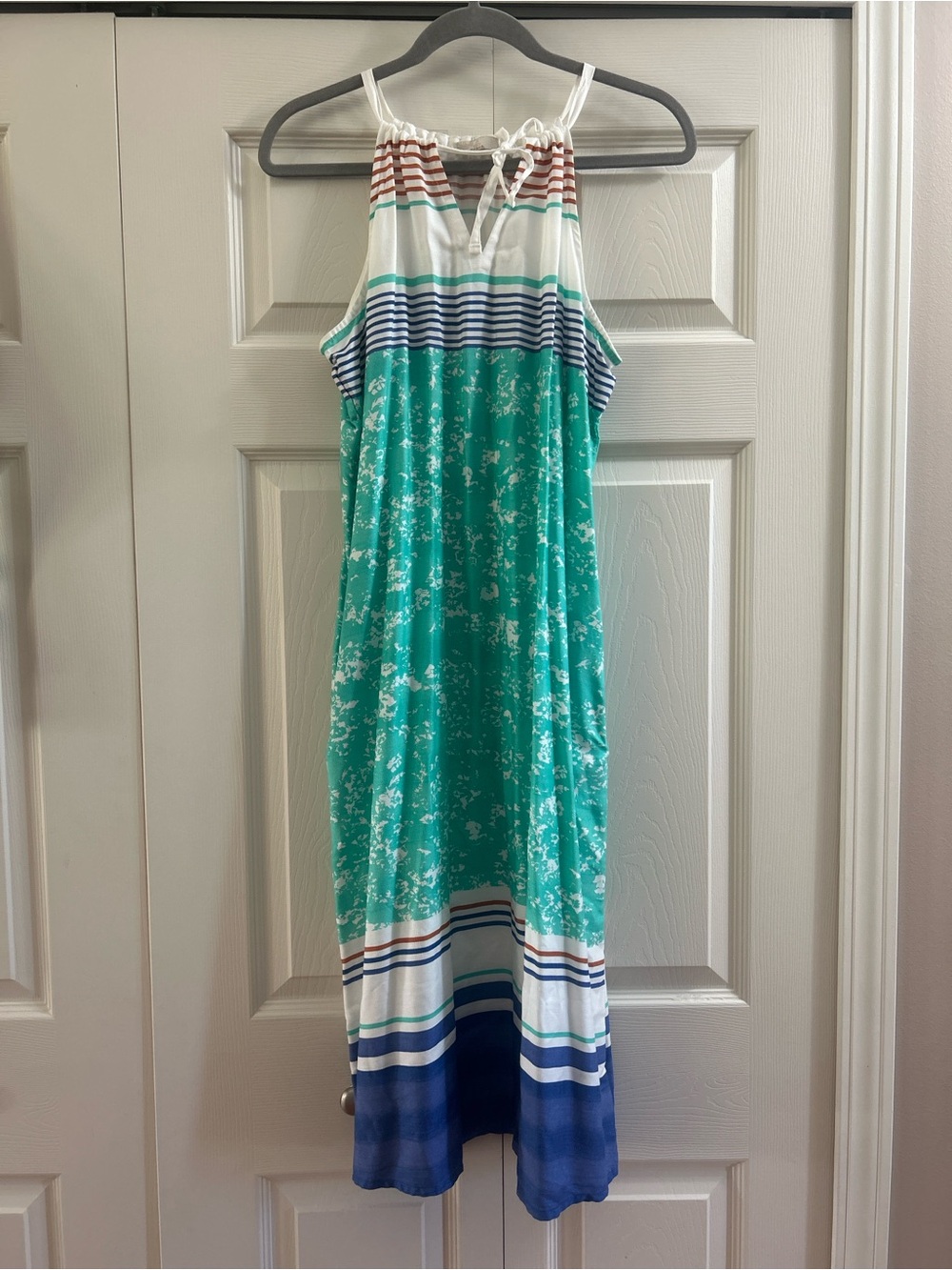 Prana Parisol Midi Halter Dress Women’s Size S White Green Stripes Lightweight